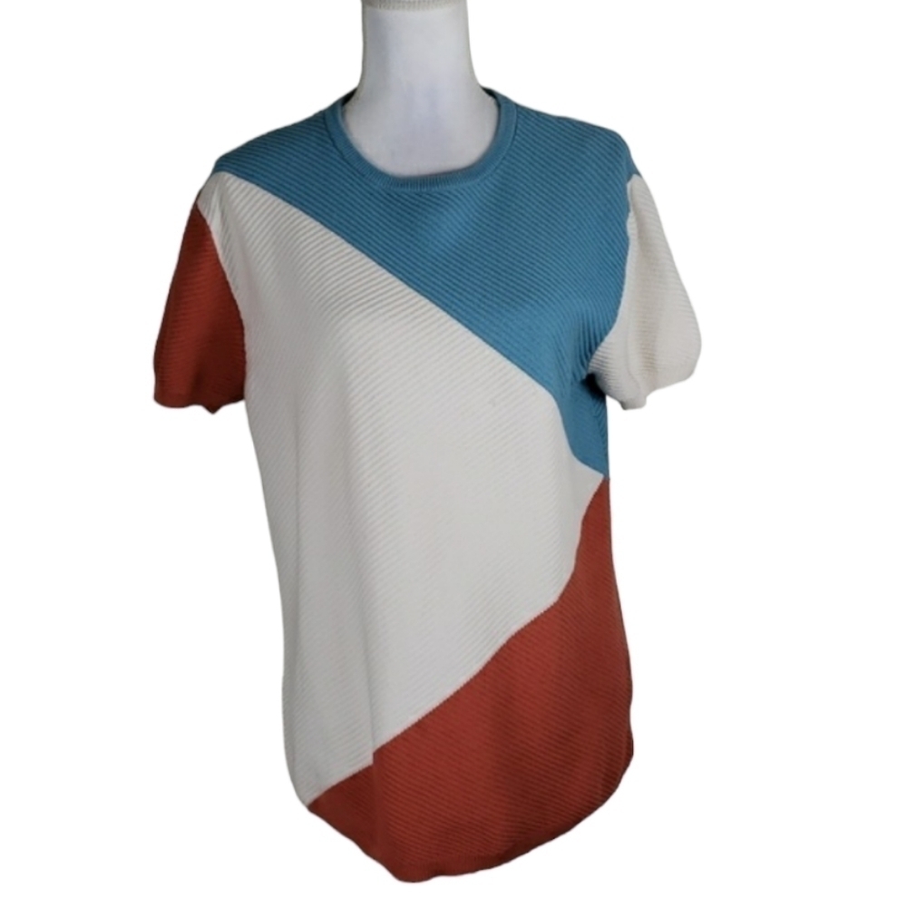 Zara~Woman Size XL~Blue/Brown ColorblockTop Textured Boxy Pullover.